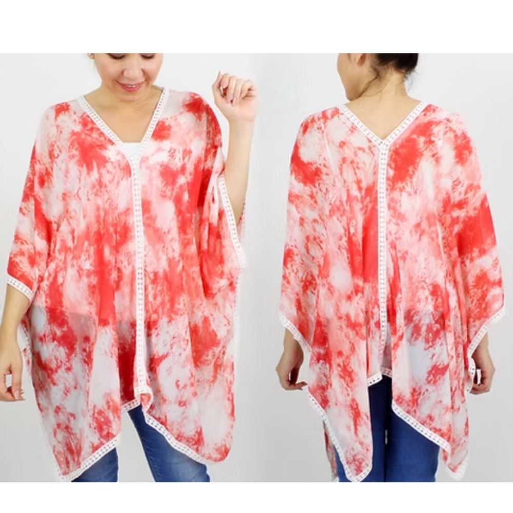 Fadivo New York Orange coral white Over the Head kimono lace One Size Fits Most